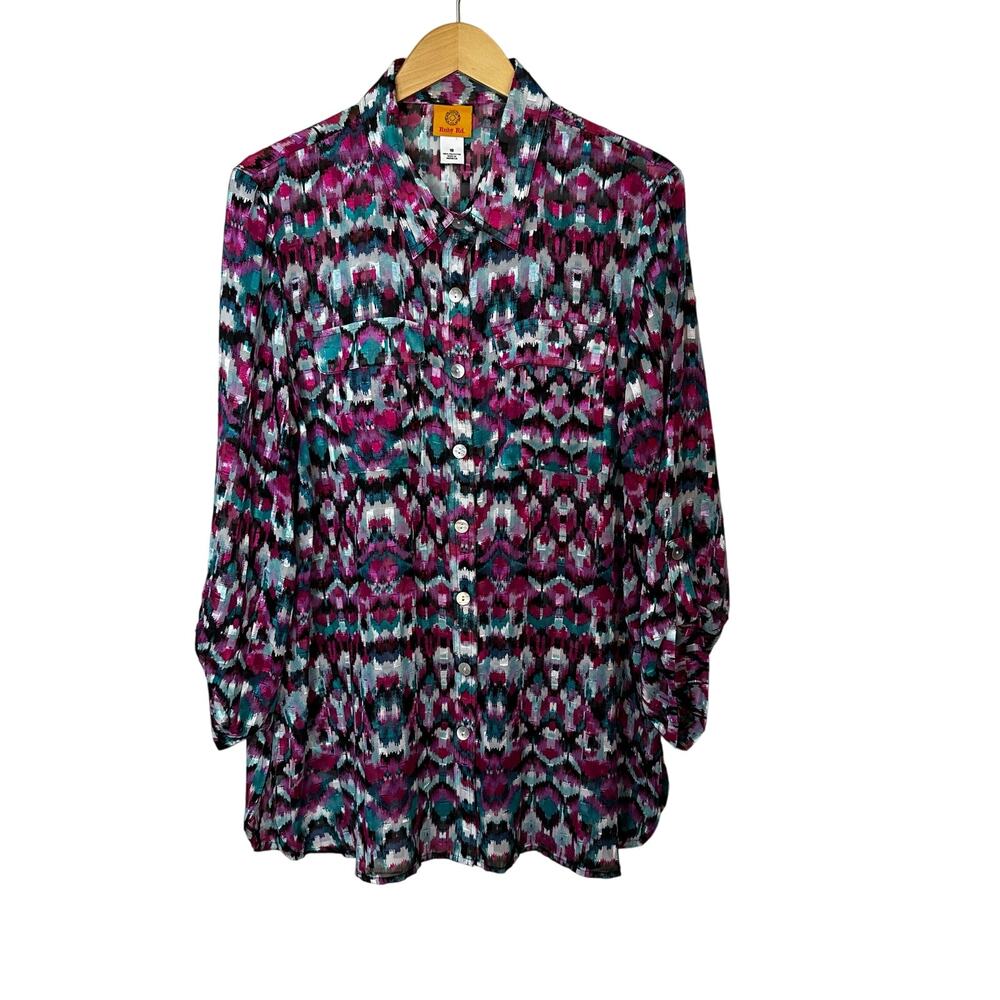 Ruby Rd. Blouse Womens 18 Semi Sheer Purple Blue White Art‎ to Wear Roll Tab Top
